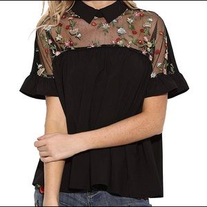 NWOT Shein Embroidered Sheer Neck Collared Blouse